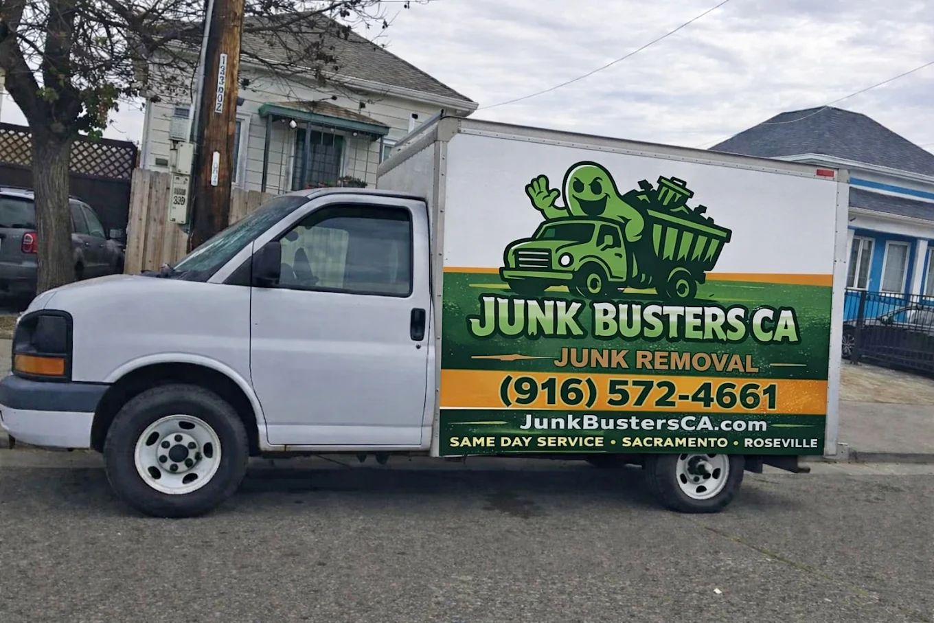 Junk Busters CA branded box truck